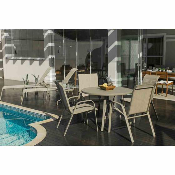 Imagem de Conjunto para Piscina com Mesa Tampo de Alumínio de Ø 105cm, 4 Cadeiras e 1 Ombrelone Alumínio Champagne