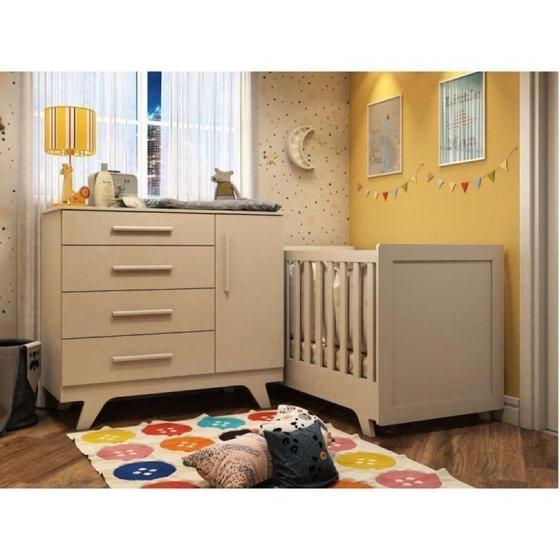 Imagem de Conjunto para Quarto de Bebê com Cômoda 1 Porta 4 Gavetas e Berço Mini Cama Retrô Móveis Peroba Branco Brilho