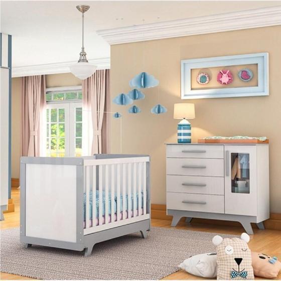 Conjunto para Quarto de Bebê com Cômoda 1 Porta com Janela em Acrílico e Berço Retrô Móveis Peroba Branco Brilho/Cinza Menor preço em Conjunto para Quarto de Bebê com Cômoda 1 Porta com Janela em Acrílico e Berço Retrô Móveis Peroba Branco Brilho/Cinza