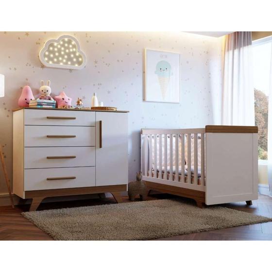 Conjunto Para Quarto de Bebê com Cômoda e Berço 100% MDF Kakau Retrô Espresso Móveis Branco/Carvalho Menor preço em Conjunto Para Quarto de Bebê com Cômoda e Berço 100% MDF Kakau Retrô Espresso Móveis Branco/Carvalho