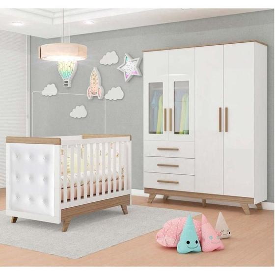 Imagem de Conjunto para Quarto de Bebê com Guarda Roupa com Janela e Berço com Capitone Retrô Móveis Peroba Branco Brilho/Carvalho/material sintético Branco
