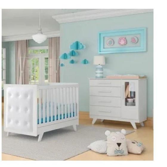 Imagem de Conjunto para Quarto de Bebê Cômoda 1 Porta com Janela e Berço com Capitone Retrô Jolie