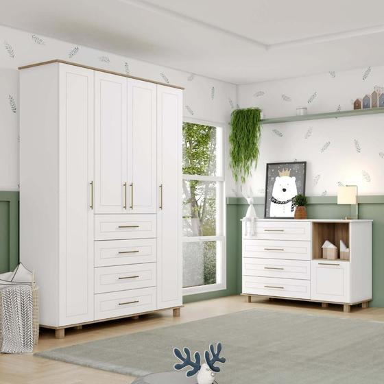 Imagem de Conjunto para Quarto de Bebê Retrô com Cômoda e Guarda Roupas 100% MDF Zoe Yescasa Branco HP/Nature