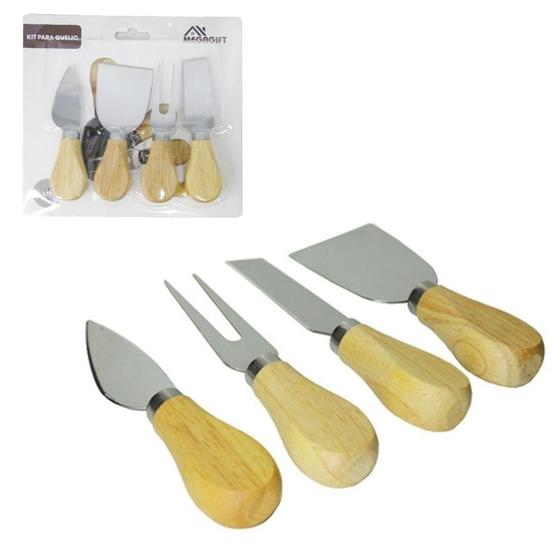 Imagem de Conjunto para queijo e frios com 2 facas + espatula e garfo de inox cabo madeira na cartela - MEGAFI