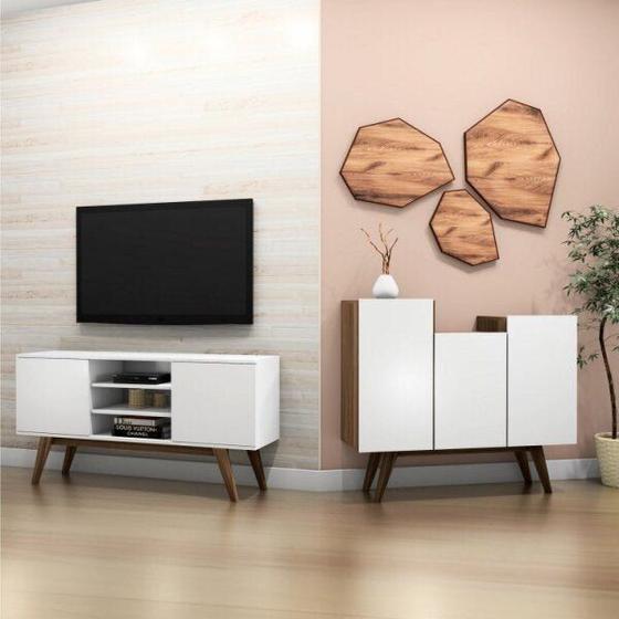 Imagem de Conjunto para Sala de Estar Rack e Buffet 3 Portas Elegance Branco Estilare