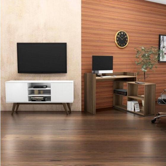 Conjunto para Sala de Estar Rack e Escrivaninha Multiuso 4 Nichos Camel ...