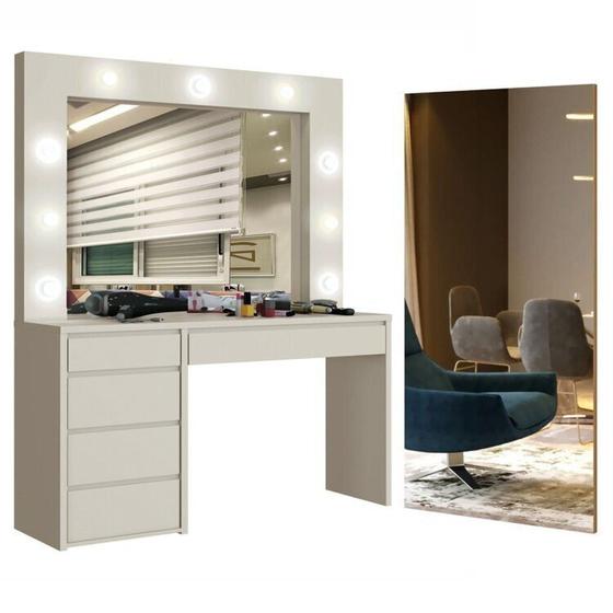 Imagem de Conjunto Penteadeira Camarim 184x136cm Anne e Espelho Decorativo 180x90cm Retangular Off White