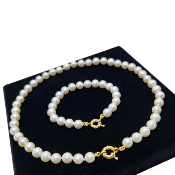 Imagem de Conjunto Pérola Colar 8mm 45cm Pulseira 6 ou 8mm Banho De Ouro 4819