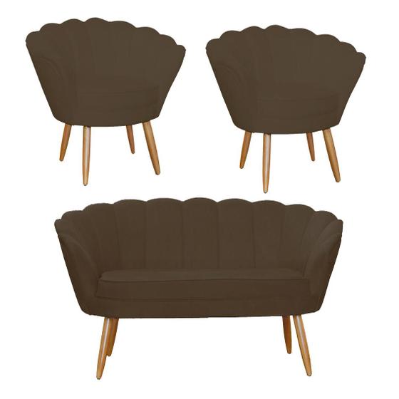 Imagem de Conjunto Pétala Namoradeira e 2 Poltronas Para Sala de Estar Suede Marrom - DL Decor