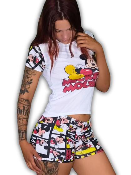 Imagem de Conjunto Pijama Feminino Blusinha Shorts Baby Dool Desenho Animado Divertido Mickey