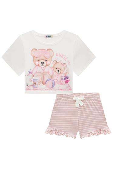 Imagem de Conjunto Pijama Infantil Blusa Boxy Over em M. Malha Ursinhas  e Shorts em Malha Confort Listrada - Kukiê