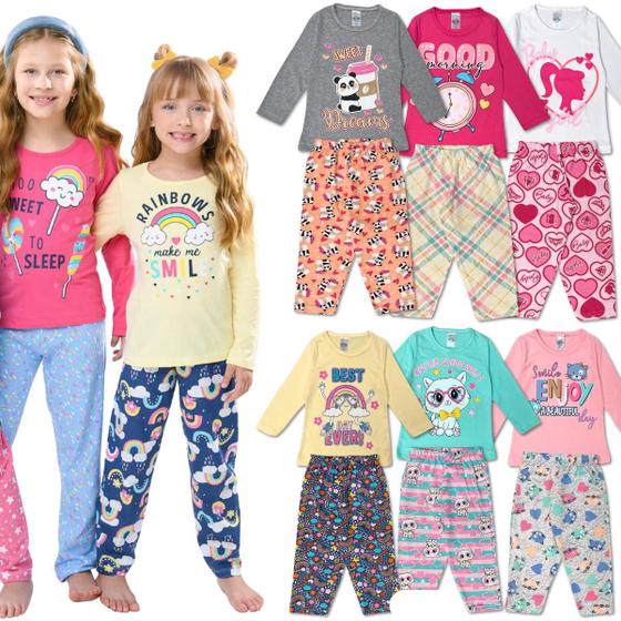 Imagem de Conjunto Pijama Infantil Menina Longo Feminino Comprido Pijamas Infantis Manga Longa Algodão Juvenil Fechado Kids