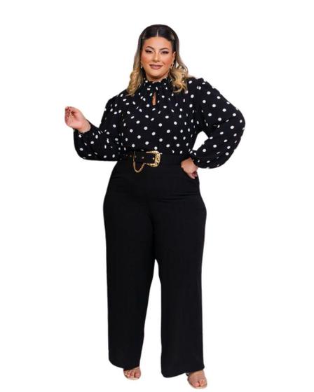 Imagem de Conjunto Plus Size Blusa Manga Longa Calça Pantalona Cinto 0455