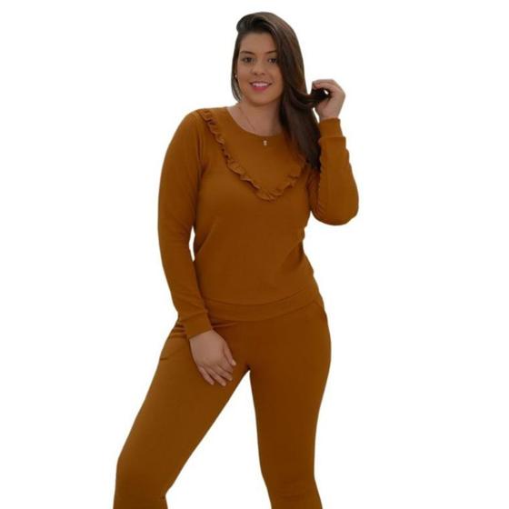 Imagem de Conjunto Plus Size Blusa Manga Longa e Calça Moda Inverno Babado Gg