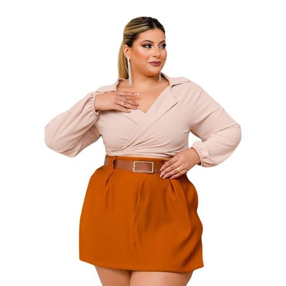 Imagem de Conjunto Plus Size Blusa Manga Longa Short Saia Cinto Couro 0422