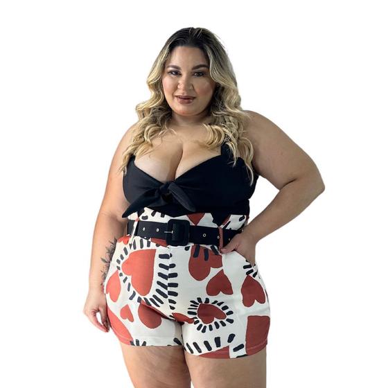 Imagem de Conjunto Plus Size Estampado Cropped Laço Short com Cinto