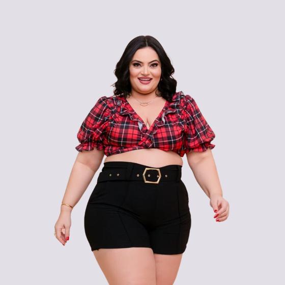 Imagem de Conjunto Plus Size Feminino Cropped Xadrez Short Cinto 0269