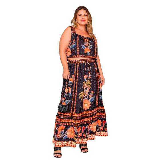Imagem de Conjunto plus size feminino estampa floral bluse e saia casual chique em crepe com forro