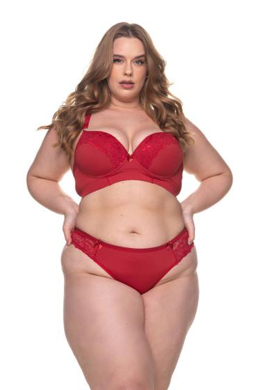 Imagem de Conjunto Plus Size Lingerie Fio Dental Duplo Renda Sutiã Reforçado Sustentação Calcinha Cintura Alta Moda Feminina