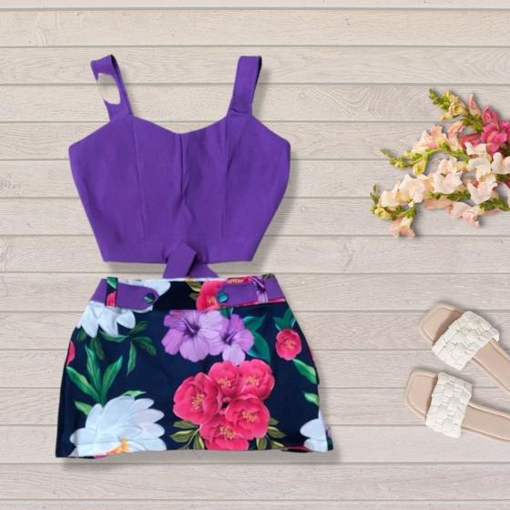 Imagem de Conjunto Plus Size Short Saia Estampado Cropped Botão 0055