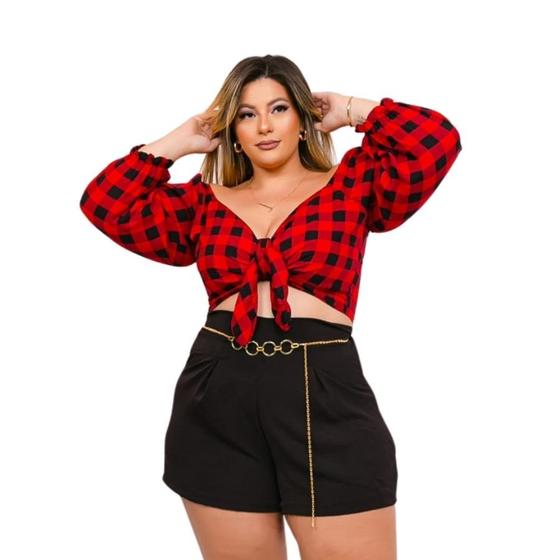 Imagem de Conjunto Plus Size Xadrez Cropped Manga e Short C Cinto 0483