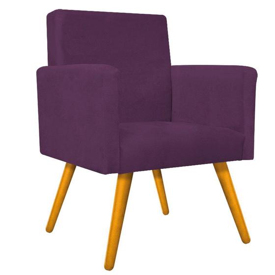 Imagem de Conjunto Poltrona Decorativa Arenzza e Puff Sofia Palito Mel Suede Roxo - KDAcanto Móveis