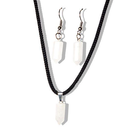 Imagem de Conjunto Pontinha Colar e Brinco Quartzo Leitoso Prateado