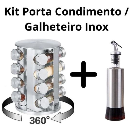 Imagem de Conjunto Porta Azeite com Dosador Inox e vidro + Porta Temperos Giratório Grande 16 Potes Vidro e Inox