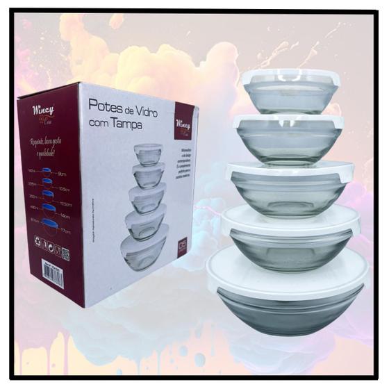 Imagem de Conjunto Potes de Vidro Redondo com Tampa Hermetica Branco Kit com 5 Unidades Vasilha Porta Mantimentos Comida Alimentos