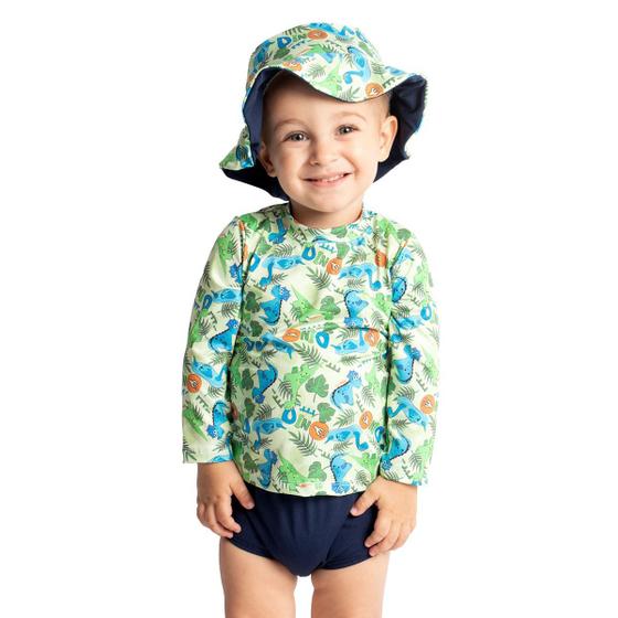 Imagem de Conjunto Praia Bebê e Infantil Proteção UV com Chapéu Dino Baby Marinho Diju