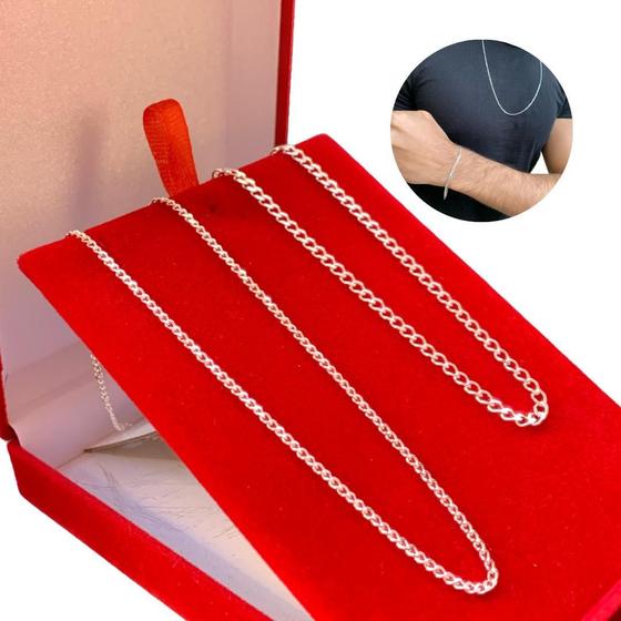 Imagem de Conjunto Prata Masculina 70Cm 2Mm E Pulseira Grumet 3Mm