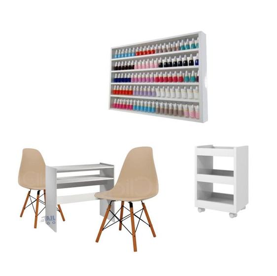 Imagem de Conjunto Prateleira Porta Esmaltes + Mesa Manicure + Carrinho Auxiliar + 2 Cadeira Eames Fendi