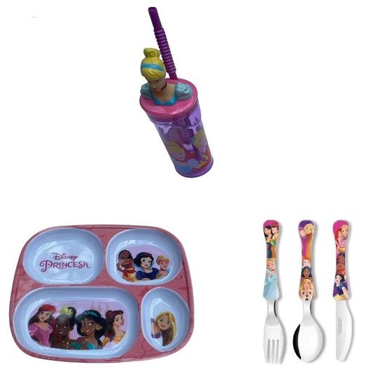 Imagem de Conjunto Prato Com Divisoria Copo 3D Talheres Princesas - Nt