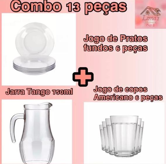 Imagem de Conjunto Pratos Fundos + Jarra Tango SM 750ml + Jogo de Copos Americano Combo 13 pçs