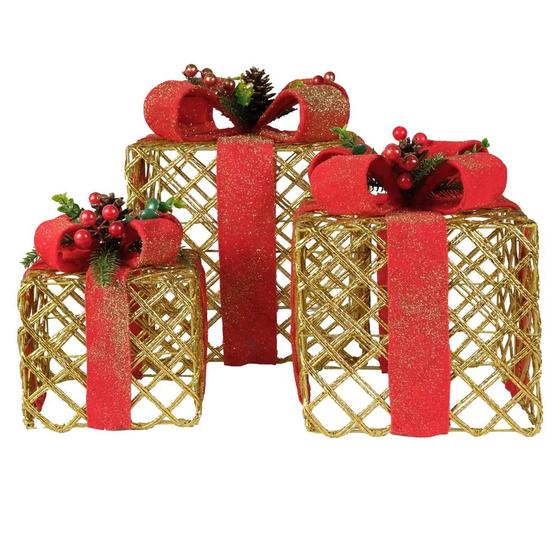 Imagem de Conjunto presentes decor c/ 3 c/led 25cm dourado vermelho