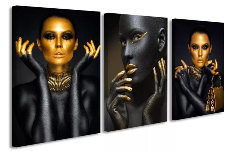 Imagem de conjunto quadros 3 Mulheres Preto Com Dourado"