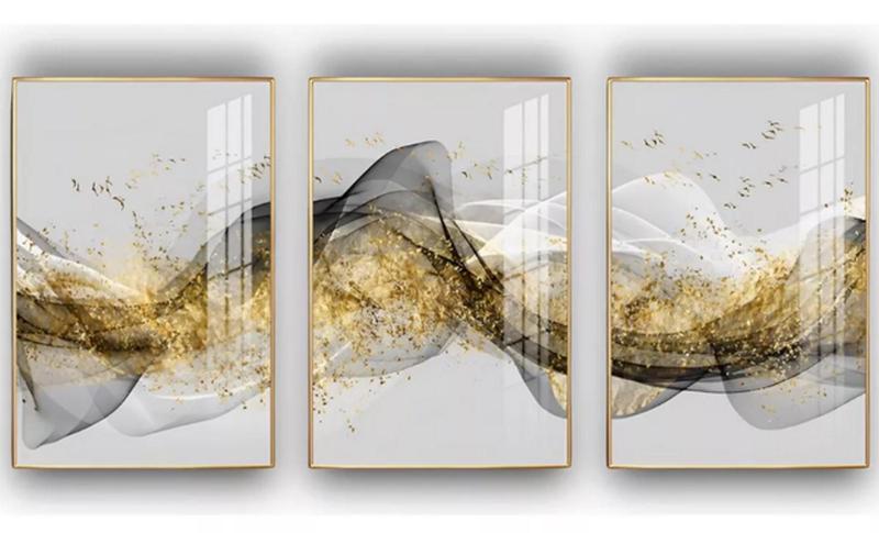 Imagem de conjunto quadros Abstratos Fractal Dourado Gold"