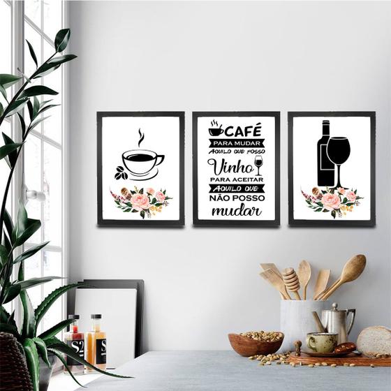 Imagem de Conjunto Quadros Café e Vinho 105x43cm 3 Peças Branco Com Moldura Cozinha Decorativo Cantinho Gourmet