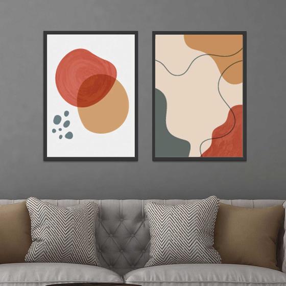 Imagem de Conjunto Quadros Decorativos com Moldura  Abstrato Formas Vermelho Bege  Sala Quarto Cozinha Kit 2 Peças