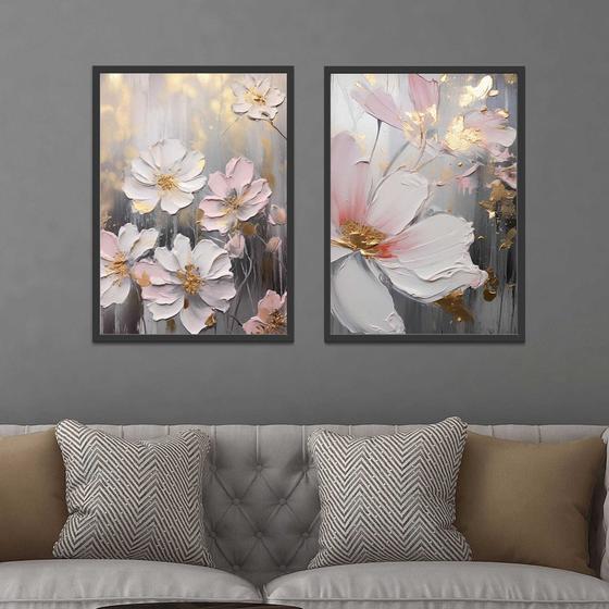 Imagem de Conjunto Quadros Decorativos com Moldura  Arte Pintura Flores Branca  Sala Quarto Cozinha Kit 2 Peças