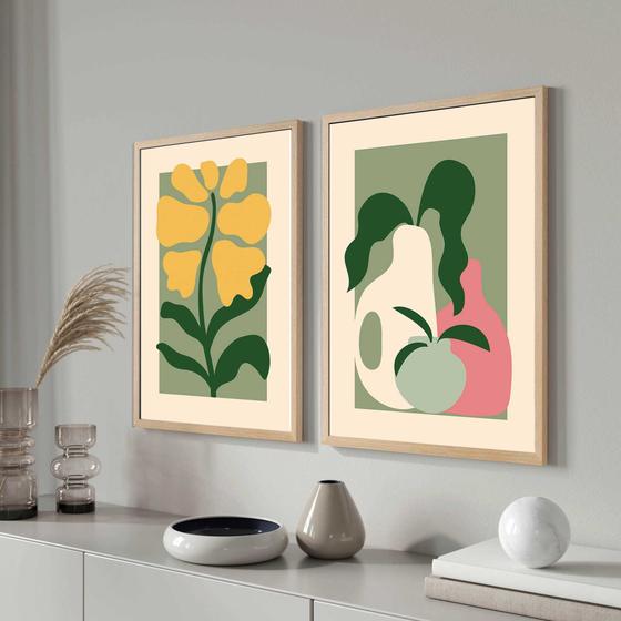 Imagem de Conjunto Quadros Decorativos com Moldura  Cozinha Floral Frutas Sala Quarto Cozinha Kit 2 Peças