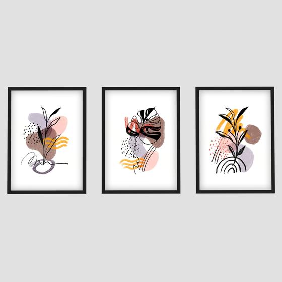 Imagem de Conjunto Quadros Decorativos Com Moldura e Vidro Folhagem Abstrato Para Sala Quarto Minimalista