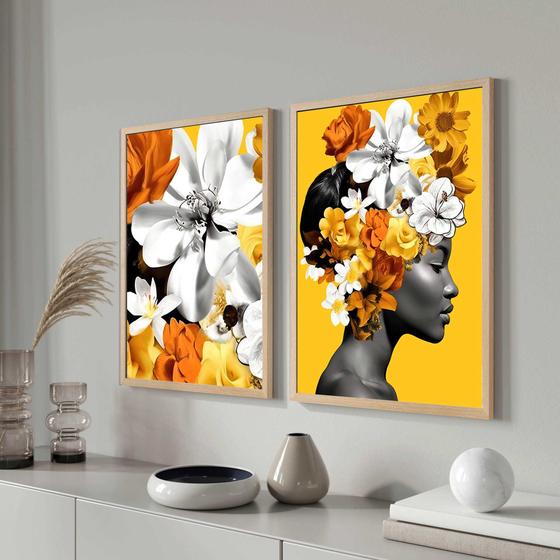 Imagem de Conjunto Quadros Decorativos com Moldura  Mulher Flores na Cabeça laranja Amarelo Sala Quarto Cozinha Kit 2 Peças