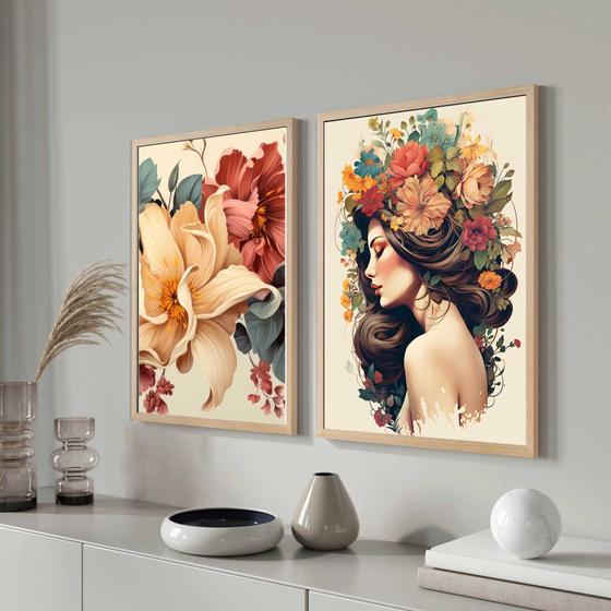 Imagem de Conjunto Quadros Decorativos com Moldura  Mulher Flores na Cabeça Moderno Sala Quarto Cozinha Kit 2 Peças