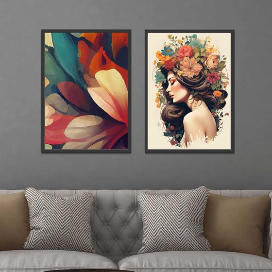 Imagem de Conjunto Quadros Decorativos com Moldura  Mulher Flores na Cabeça Sala Quarto Cozinha Kit 2 Peças