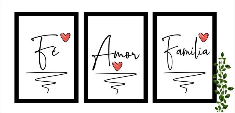 Imagem de Conjunto Quadros Decorativos Fé Amor Família com Vidro A4