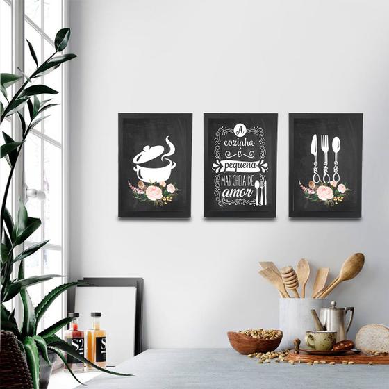 Imagem de Conjunto Quadros Panela e Talher 23x33cm 3 Peças Com Moldura Cozinha Decorativo Cantinho Gourmet