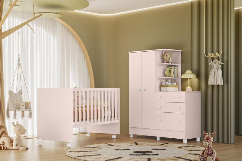 Imagem de Conjunto Quarto Bebê Reto Berço Com Colchão e Guarda Roupa
