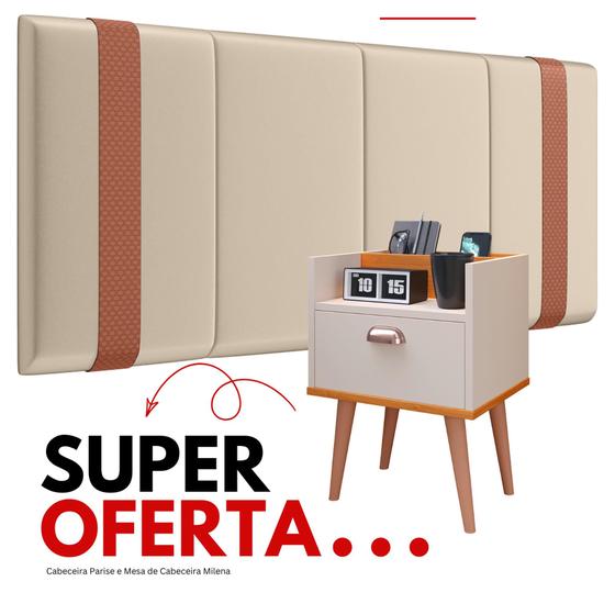 Imagem de Conjunto Quarto Casal Mesa de Cabeceira Milena com Gaveta e Porta Celular + Cabeceira Modulada 1.40