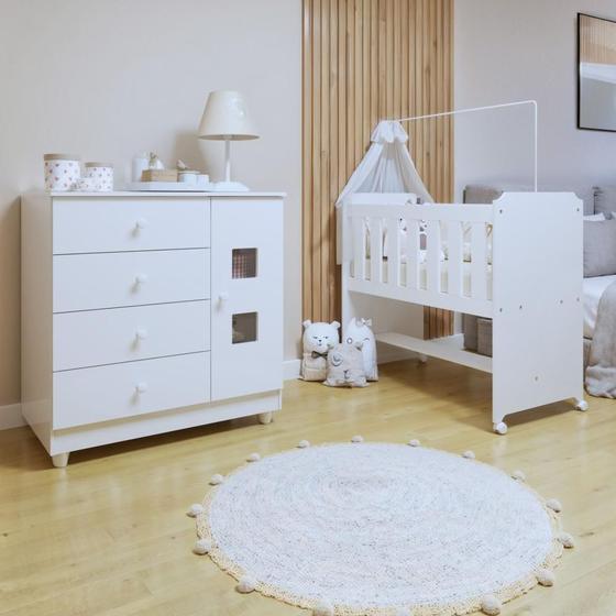 Imagem de Conjunto Quarto de Bebê 100% MDF Mini Berço com Colchão e Cômoda 1 Porta 4 Gavetas Branco